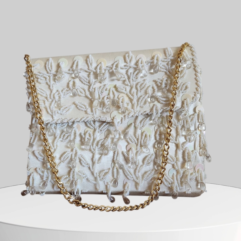Chic Cream Beaded Clutch with Gold Chain